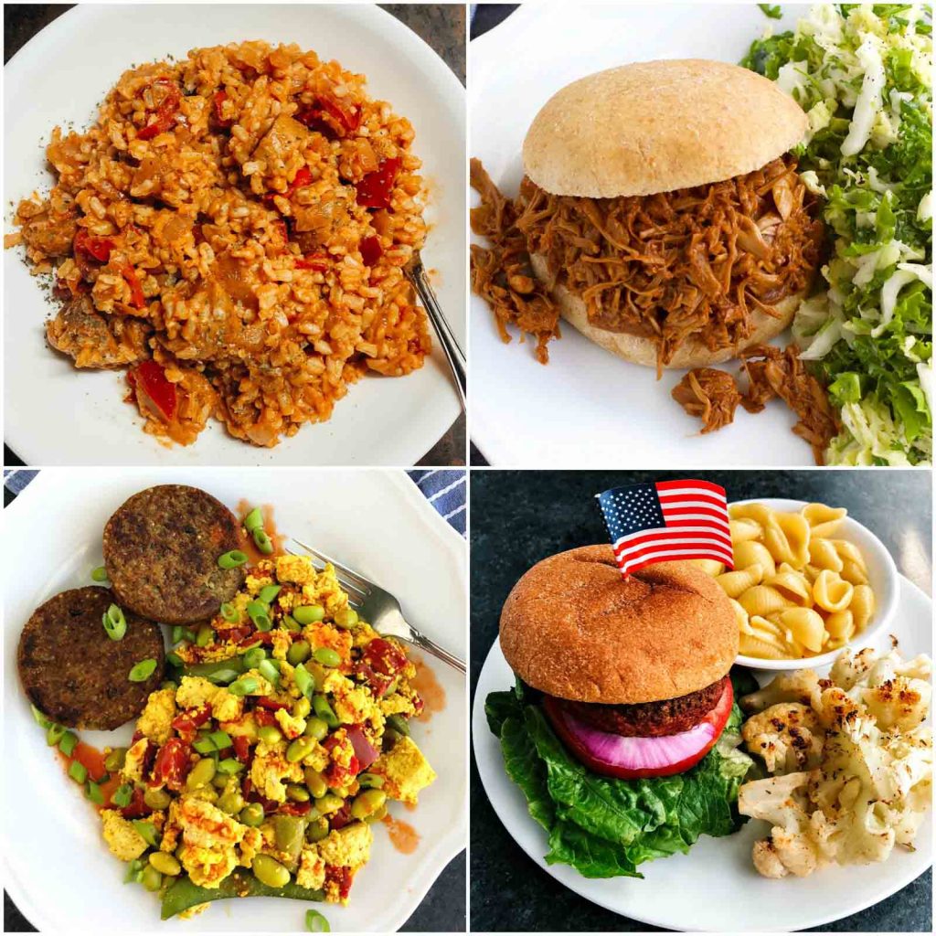 A photo collage showing pictures of recipes to use vegan meat replacements. 