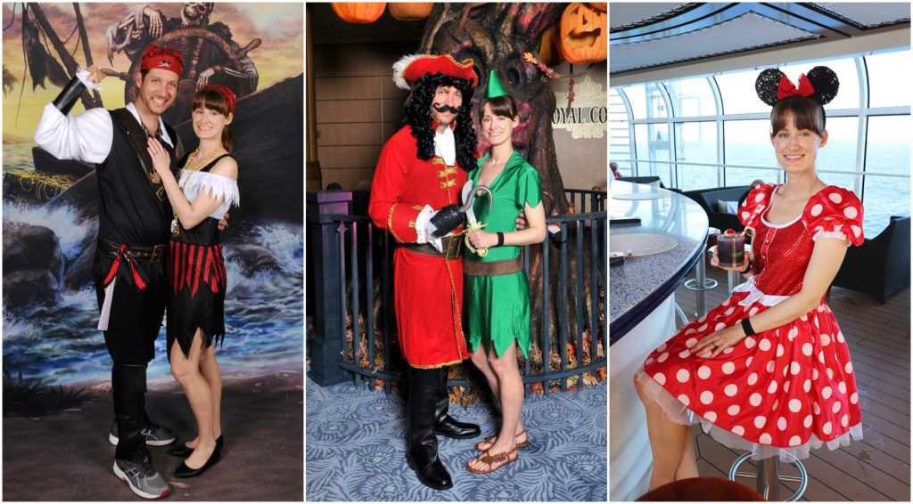 A photo collage showing pictures of a couple dressed up for pirate night and Halloween night as Minnie Mouse, Peter Pan, Captain Hook, and pirates on a Disney cruise. 