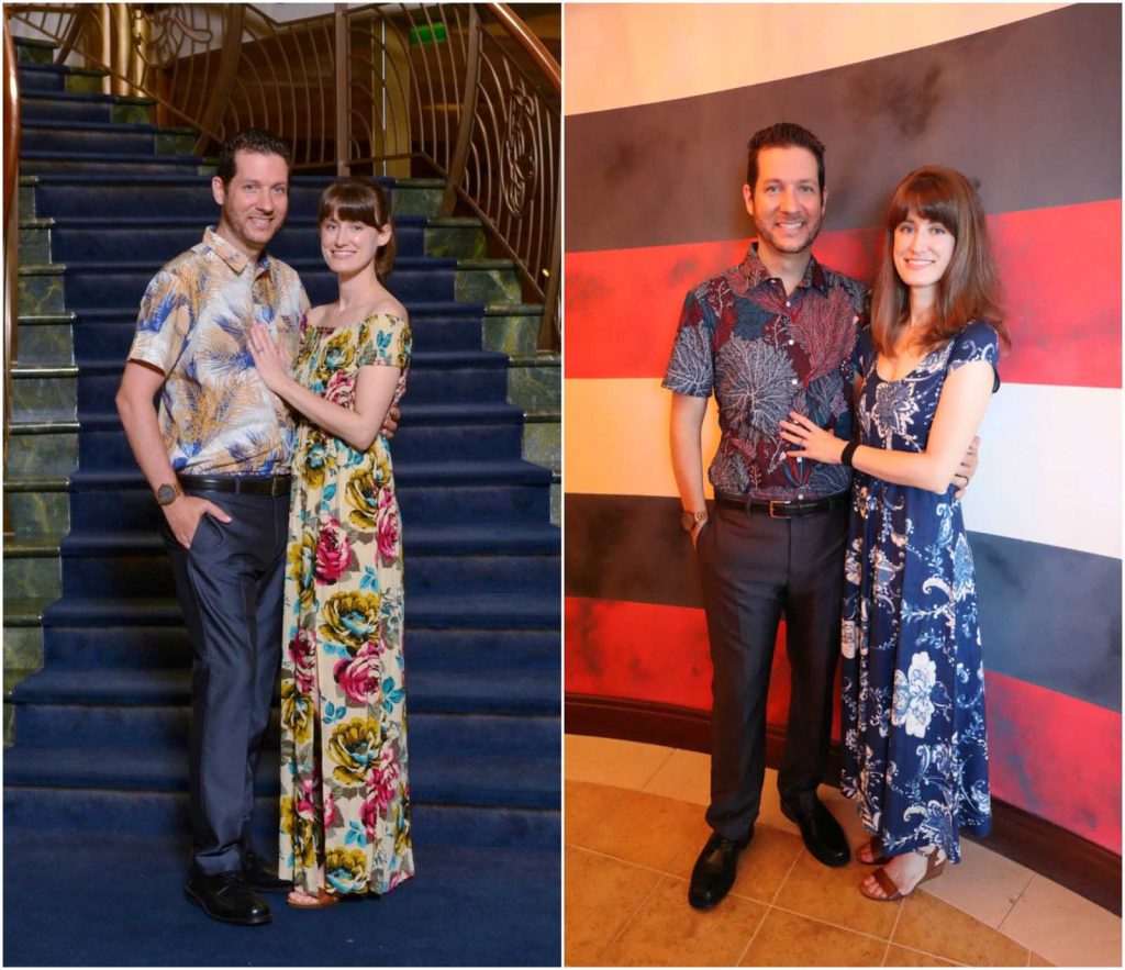 A photo collage showing a man and woman dressed in formal wear for a Disney Cruise. 