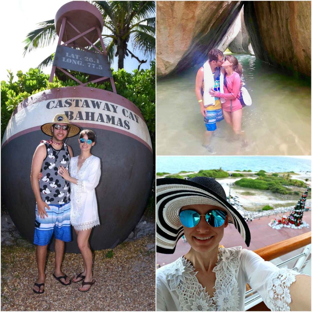 A photo collage showing a man and woman going on excursions at Castaway Cay and Tortola on a Disney cruise. 