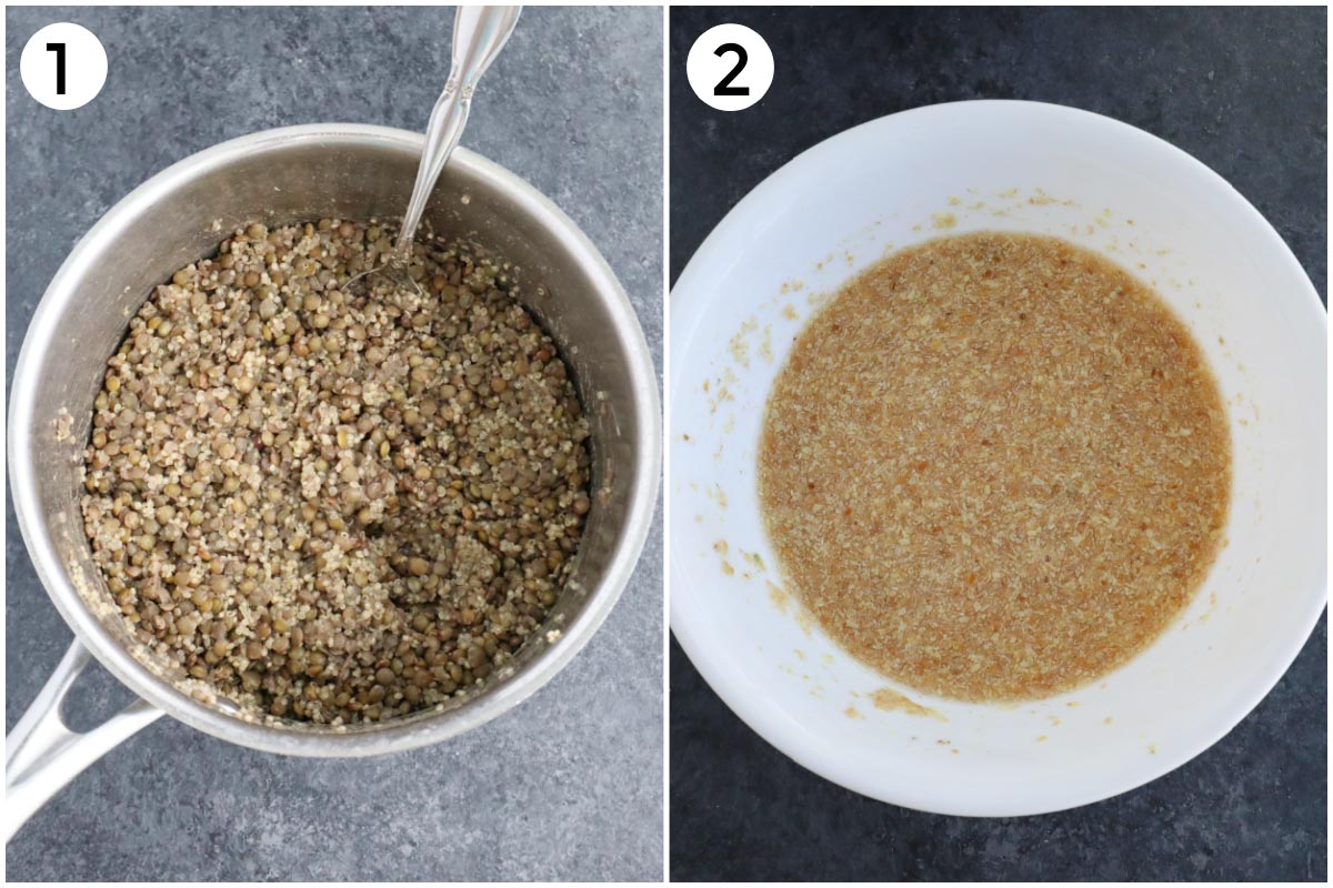 A collage of two photos showing cooked lentils in a pot and a flax egg in a small bowl.