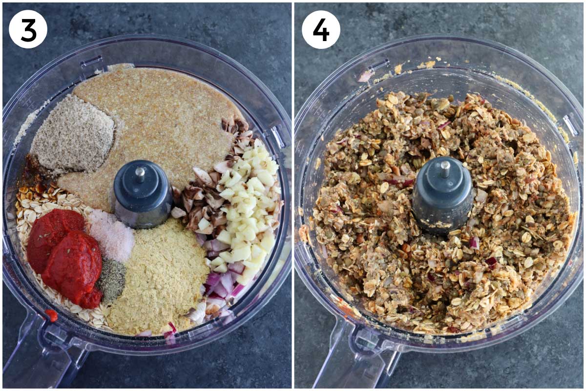 A collage of two photos showing what the mixture should look like in the food processor cup.