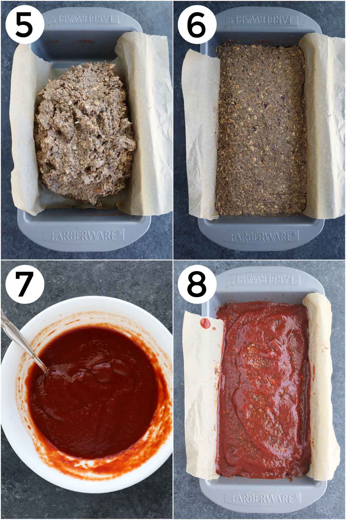 A collage of four photos showing how to put the mixture into a loaf pan and add tomato glaze.
