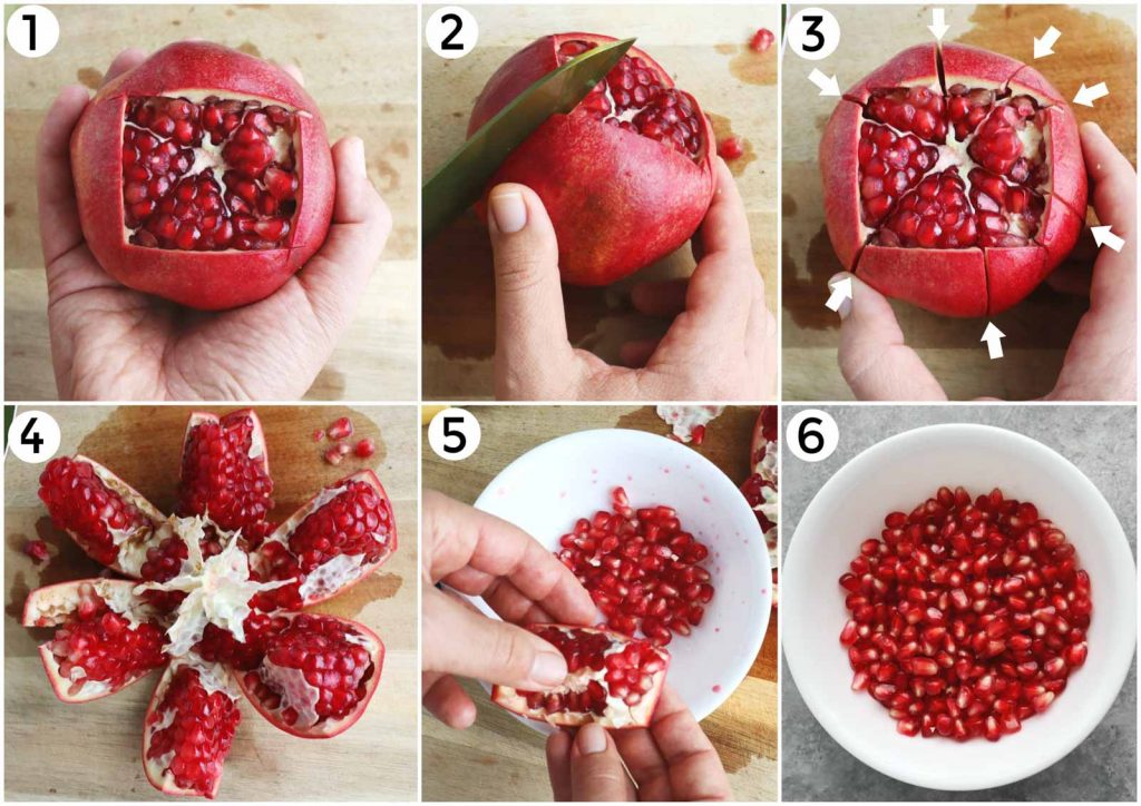 A photo collage showing how to cut a pomegranate in a few easy steps.
