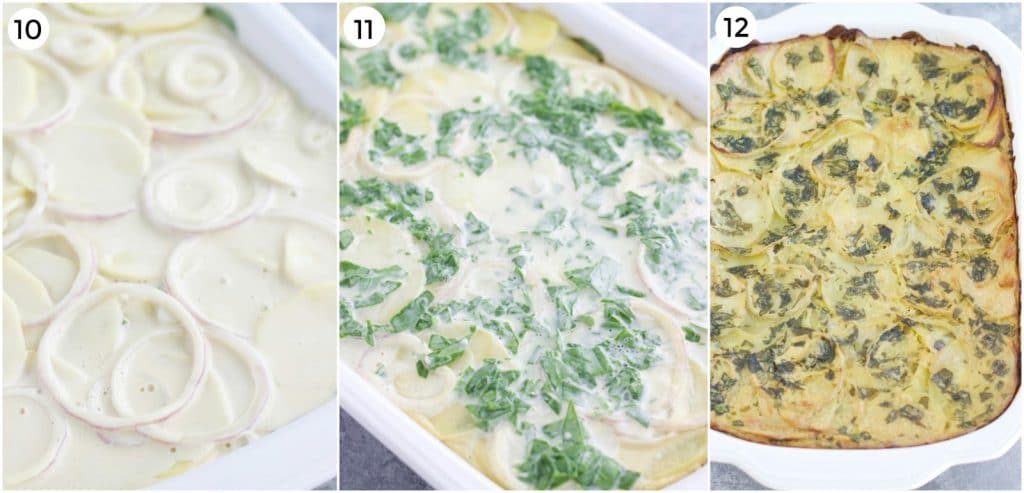 A photo collage showing how to make vegan scalloped potatoes in a few steps.