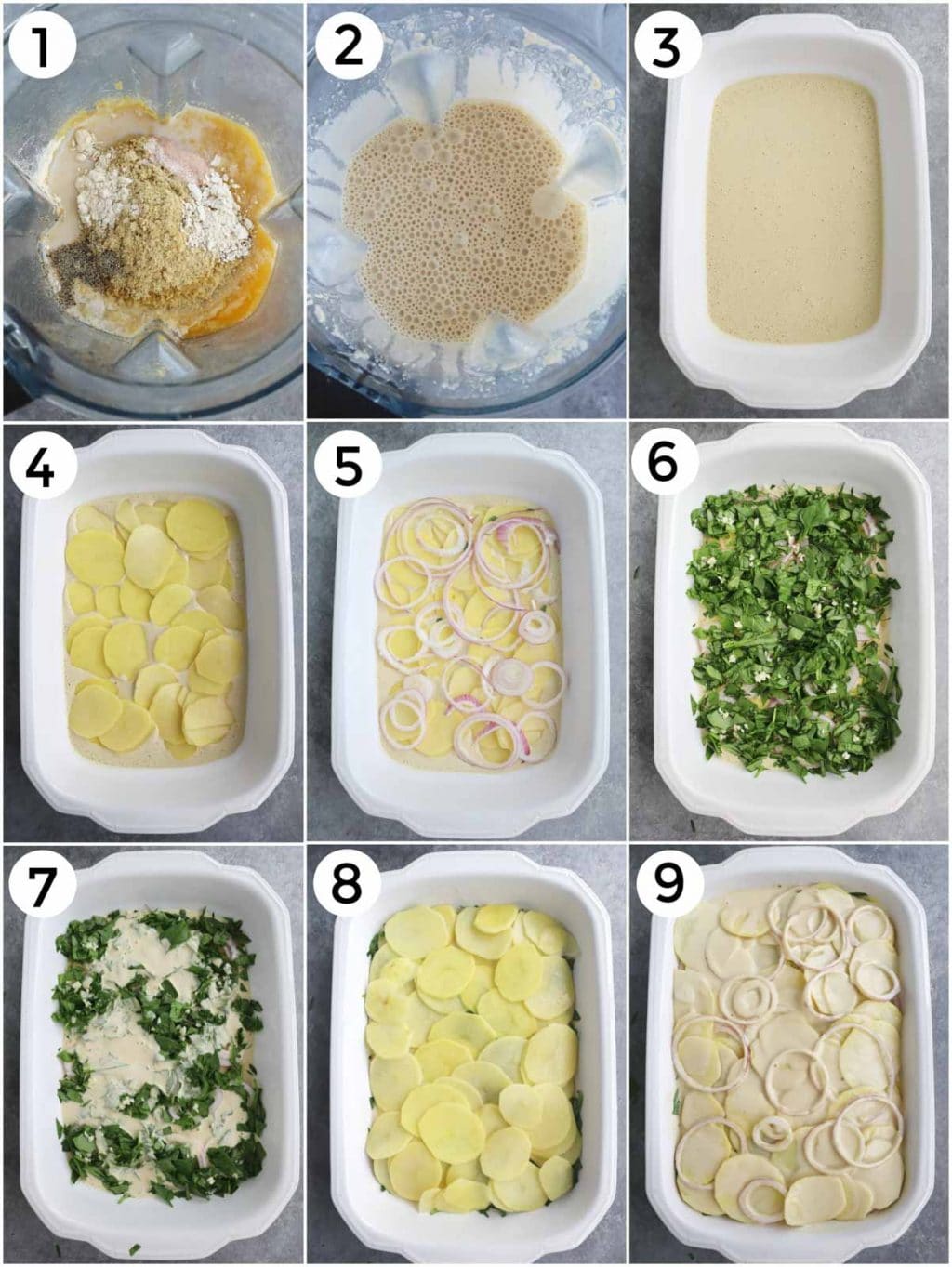 A photo collage showing how to make vegan scalloped potatoes in a few easy steps. 