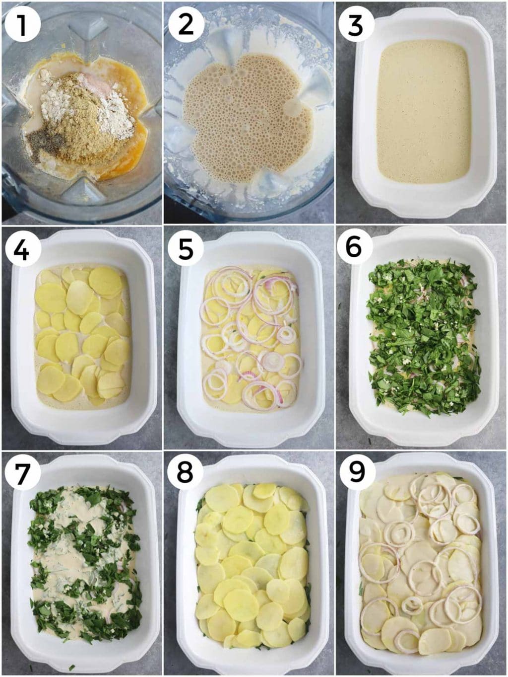 A photo collage showing how to make vegan scalloped potatoes in a few easy steps.
