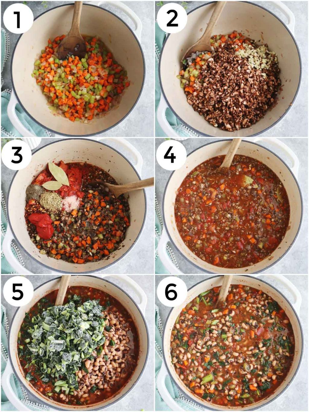 A photo collage showing how to make vegan black-eyed pea soup in a few easy steps.