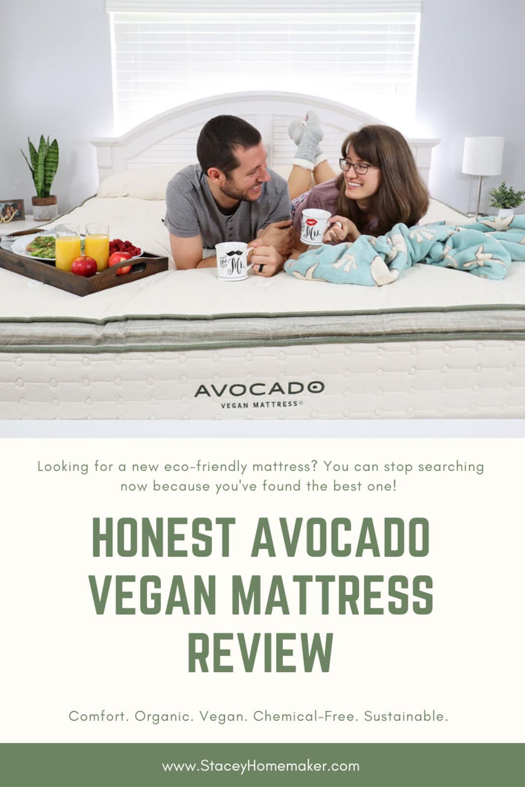 A smiling couple laying on a bed + a caption that reads, "Honest Avocado Vegan Mattress Review."