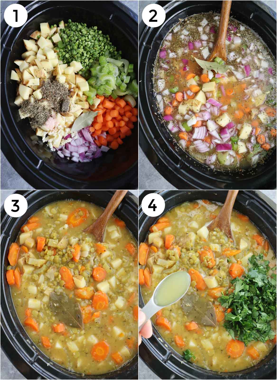 A photo collage showing how to make the recipe in the slow cooker step by step.