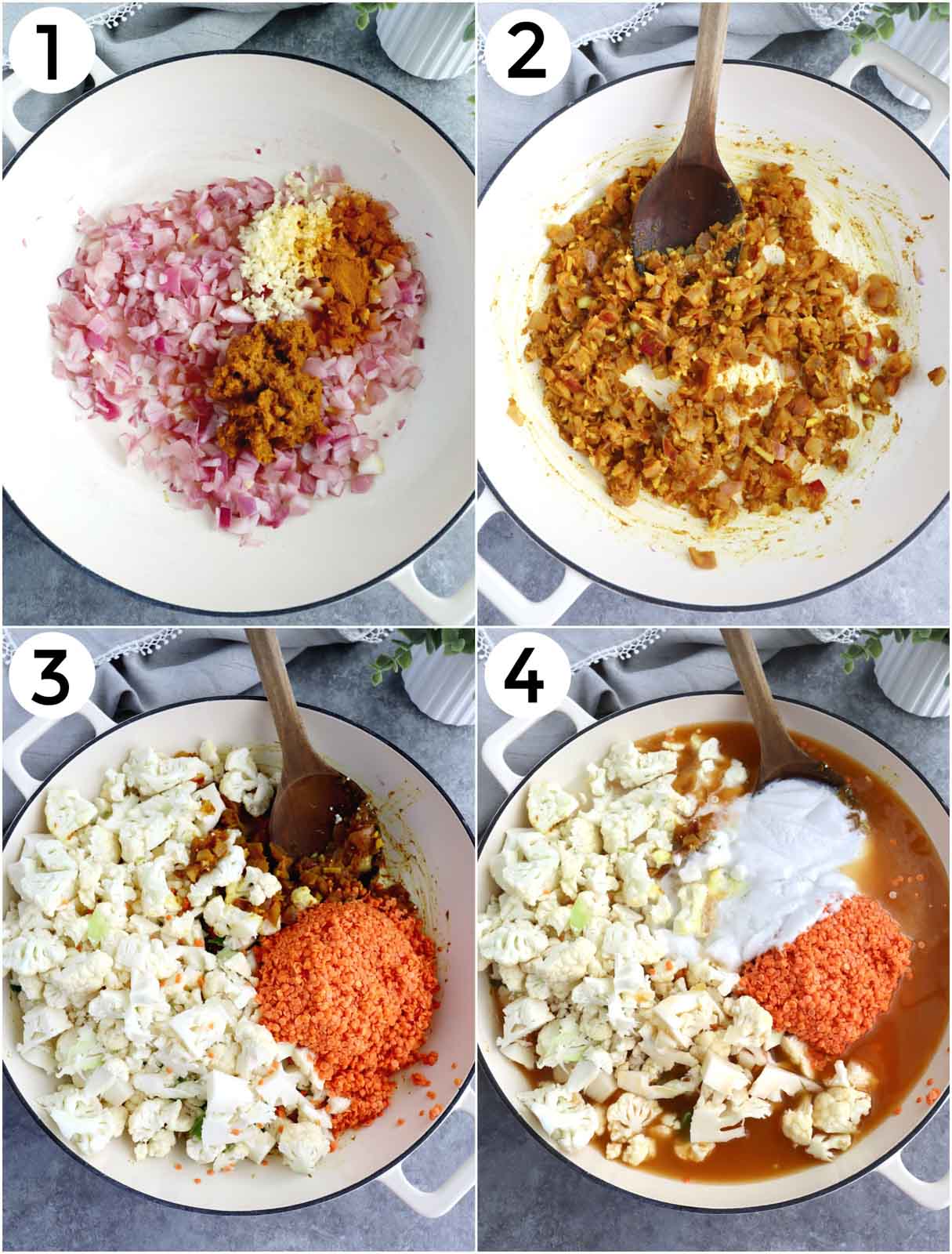 A photo collage showing how to make vegan yellow Thai curry.