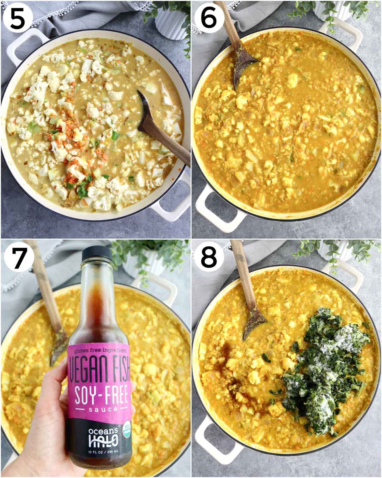 A photo collage showing how to make vegan yellow vegetable curry.