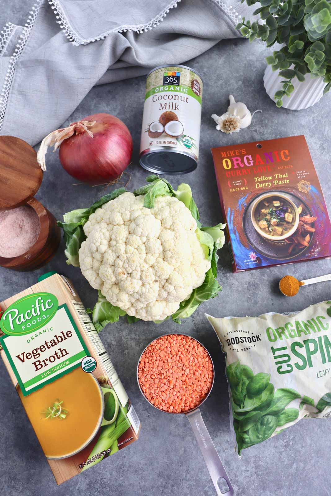 All of the ingredients needed to make vegan cauliflower lentil curry.