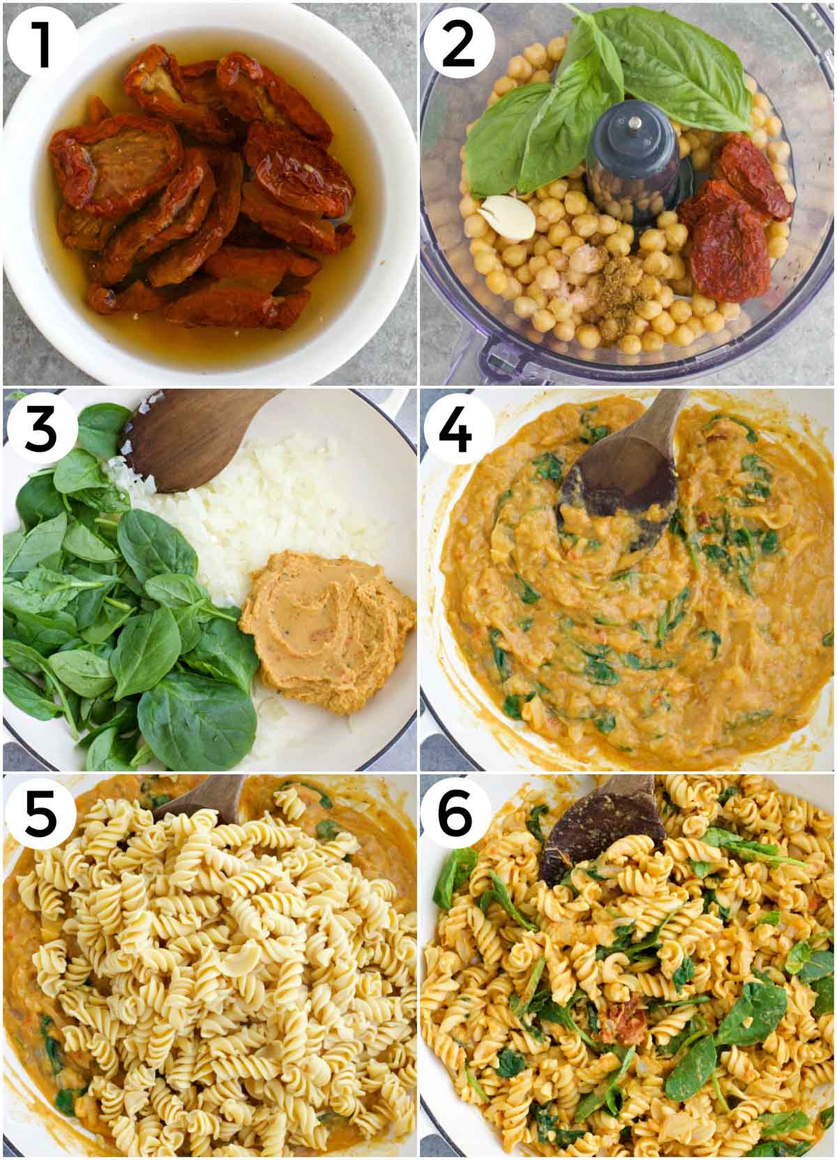A photo collage showing step by step how to make vegan hummus pasta sauce.