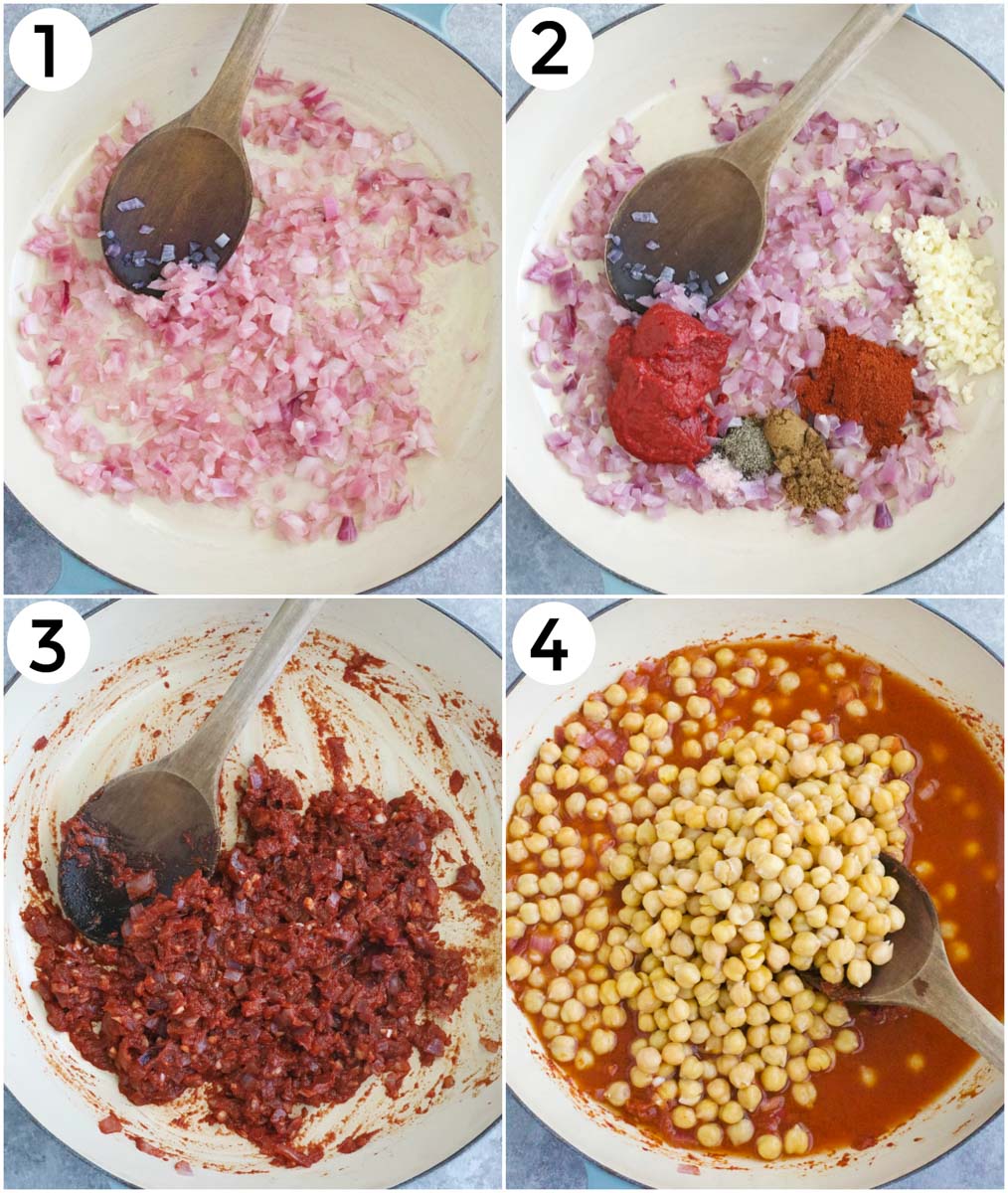 A photo collage showing how to make smoky chickpeas in four easy steps. 
