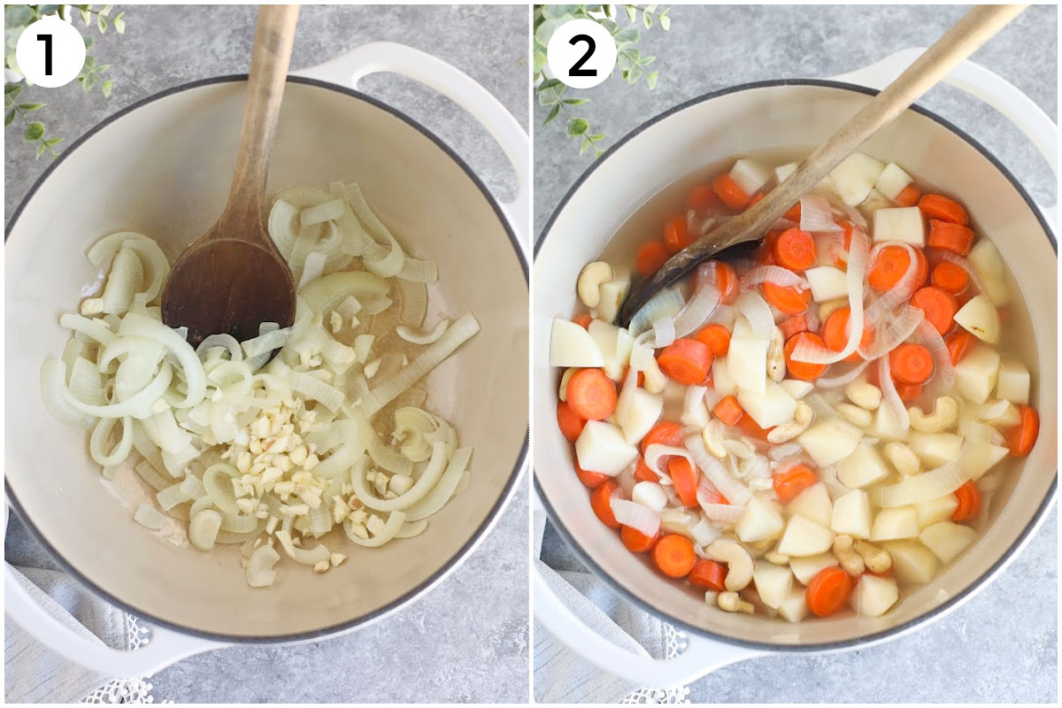 A collage of pictures showing how to saute onions and garlic and cook potatoes, carrots, and cashews in a pot.