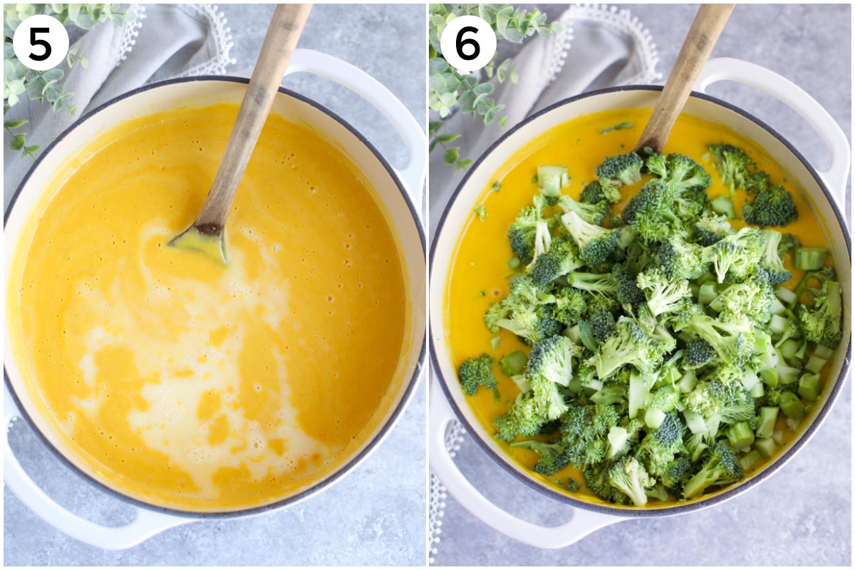 A collage of photos showing the pureed soup in the pot and with added broccoli.