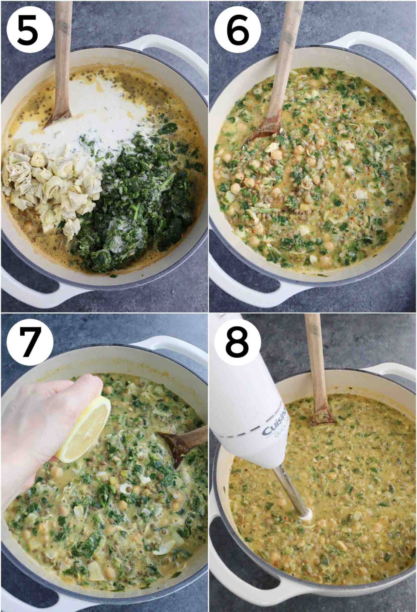 Steps 5-8 showing how to make vegan chickpea soup.