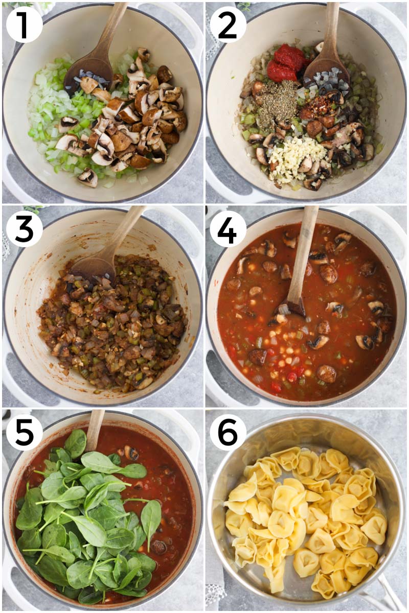 A collage of pictures showing how to make vegan tortellini soup in 6 easy steps.