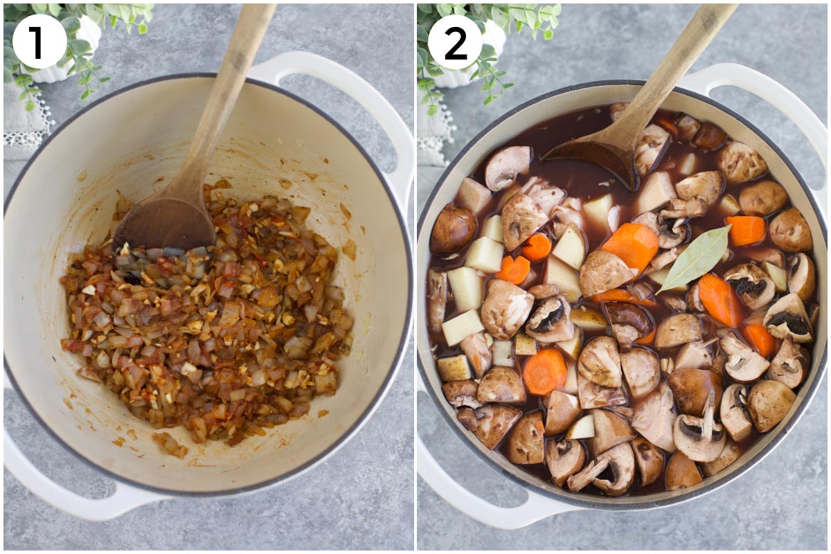 A collage of photos showing the first two steps to make the recipe. (Left) sautéed onions + seasonings. (Right) All of the vegetables and liquids added to the pot.