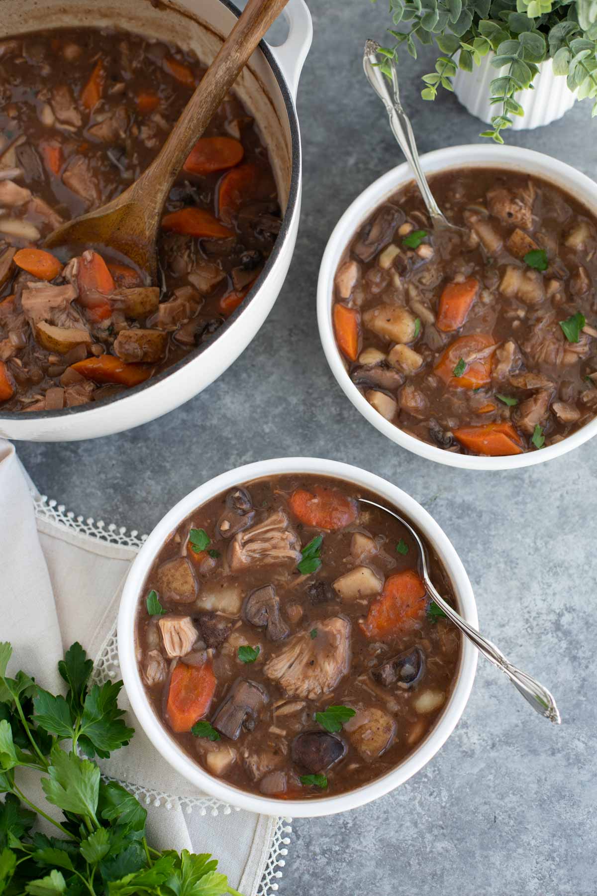 Two small white bowls filled with stew next to a white pot on a gray background.