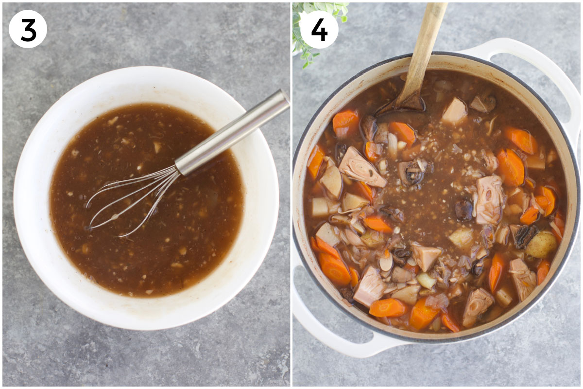 A collage of two photos showing how to make the recipe. (Left) A small whisk in a bowl with thickener. (Right) the thickener poured into the pot.