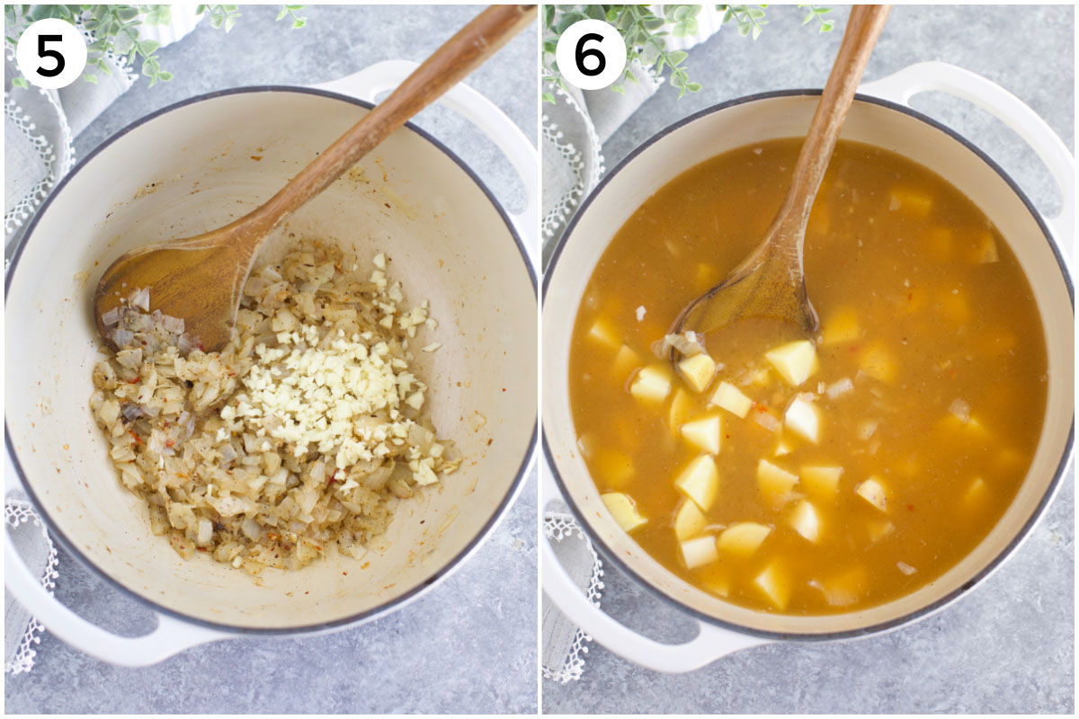 A collage of two photos showing how to saute onions and garlic + how to cook potatoes in the soup.