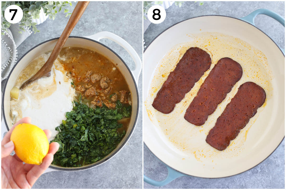 A collage of two photos showing how to make zuppa toscana + how to cook meatless bacon. 