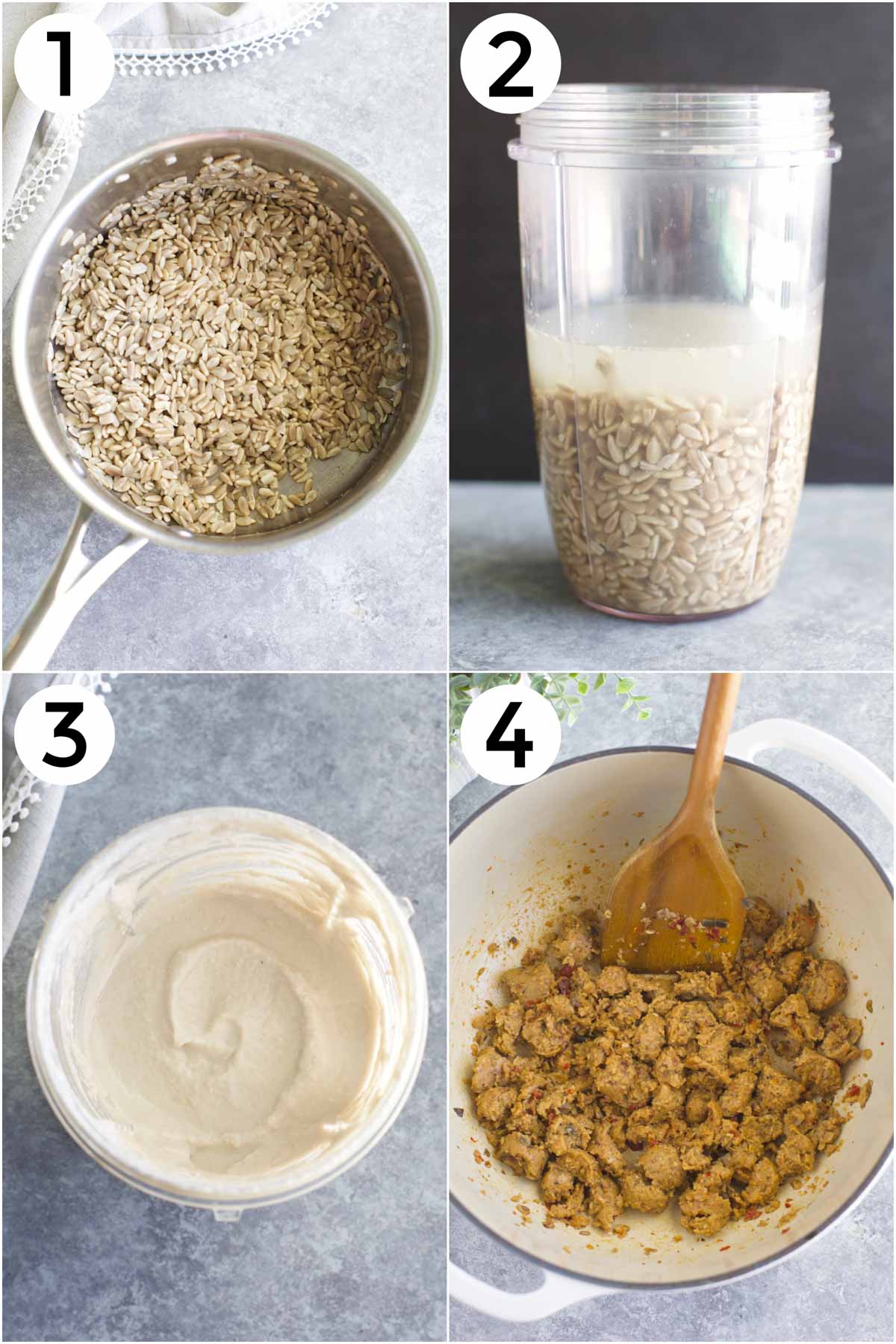 A collage of 4 photos showing how to make sunflower cream and to brown meatless sausage.