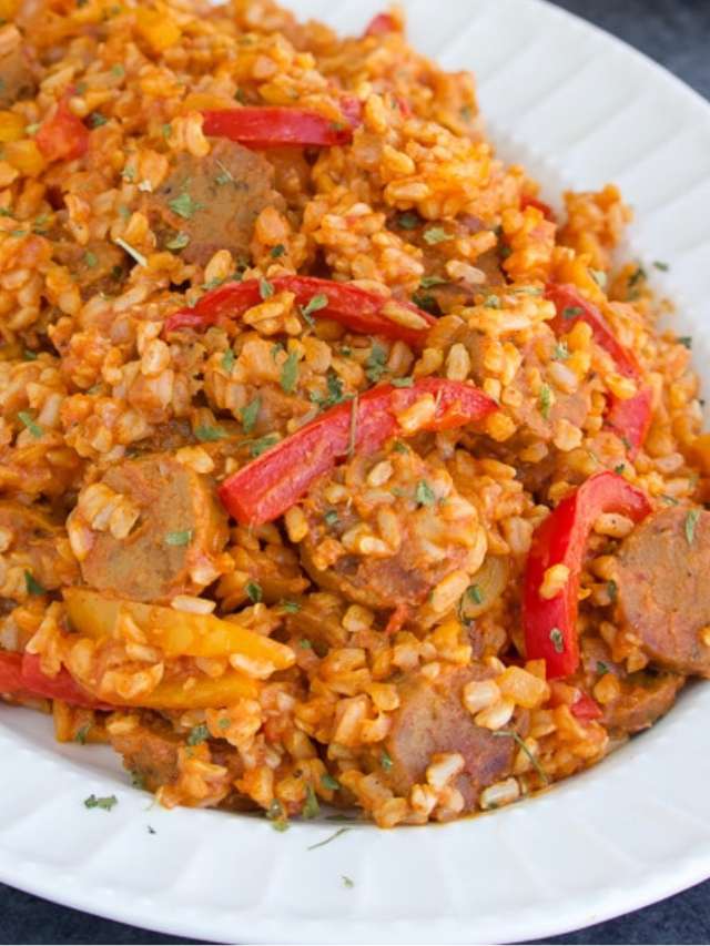 Vegan Sausage and Peppers with Rice